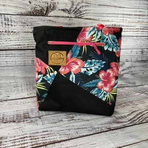 Chic Black Diagonal Floral Design Mini Tote: Vibrant Pink Flowers & Strap